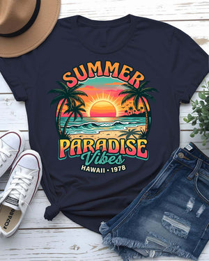 Summer paradise vibes tee turquoise sunset palm trees