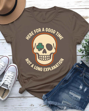 Here for a Good Time St. Patrick's Day Tee with shamrock pint glass on model