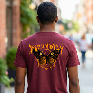 Butterfly Streetwear Tee with geometric monarch emergence on model