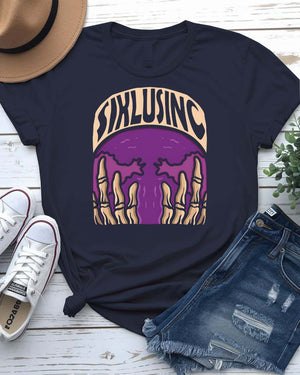 Siklusinc streetwear tee with cryptic industrial graphic on model in dark setting