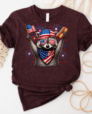 Raccoon 4th of July Tee wearing American flag sunglasses
