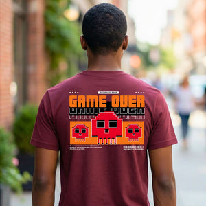Game Over Gamers Tee with pixelated retro screen on model