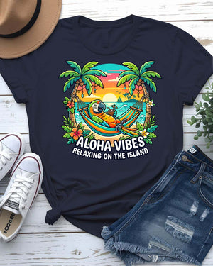 Aloha vibes relaxing on island tee hammock palm tree graphic