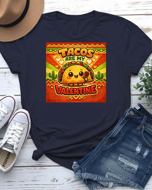Tacos Are My Valentine t-shirt with cute smiling taco graphic