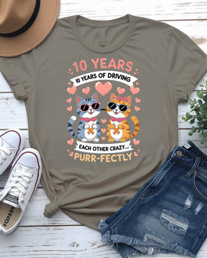 Ten Years Driving Each Other Funny Unisex Tee – Anniversary humor t-shirt for couples with sarcastic graphic text by Memez Store