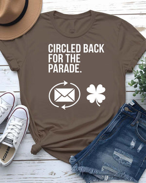 Circled Back For the Parade T-Shirt with meeting-to-float transformation on model