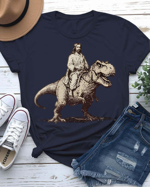 Jesus at T-Rex t-shirt featuring a classical painting of Jesus with a Tyrannosaurus