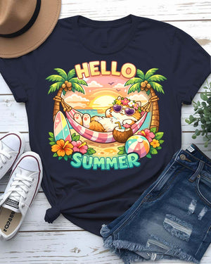 Hello cat summer tee waving kitty with sunshine graphic
