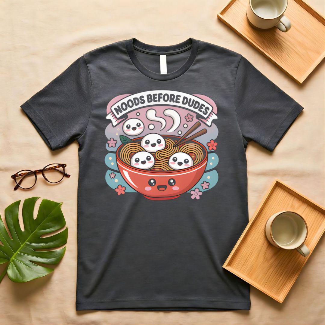 Noods Before Dudes Funny Ramen Graphic T-Shirt on Model