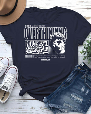 Overthinking Urban Style Tee with tangled brain spiral graphic on model