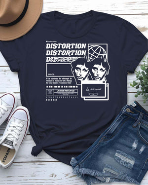 Distortion Streetwear Tee with fractured face dissolving into static on model