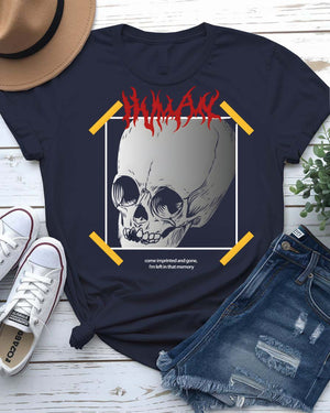 Skull Streetwear T-Shirt with geometric cracked skull and gold accents on model