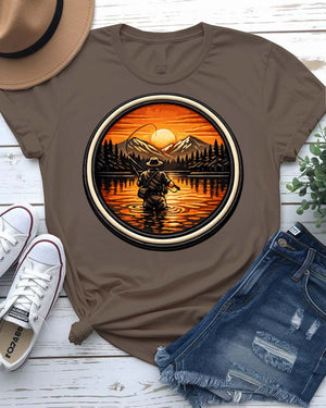 Fly fishing adventure tee angler mid-cast mountain river graphic