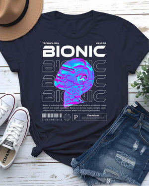 Bionic Streetwear Tee with cybernetic human silhouette on model