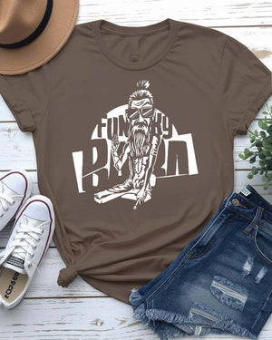 Funky Baba Funny Tee with groovy grandpa dancing with records on model