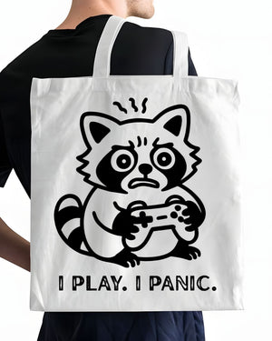 "I Play I Panic" Funny Gamer Animal Meme Tote Bag
