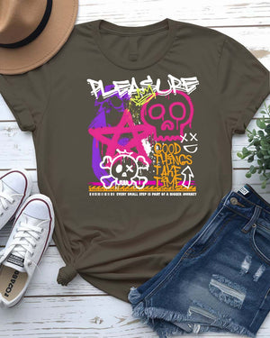 Pleasure Streetwear Tee with serpent coiled around ripe fruit on model