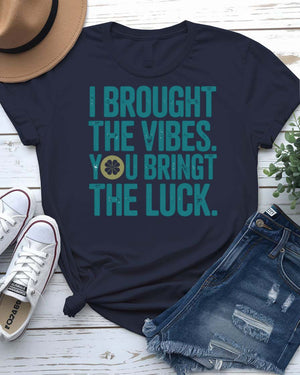 I Brought The Vibes St. Patrick's Day Tee with radiating pint glass on model