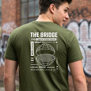 Bridge Streetwear Tee with suspension bridge in fog on model