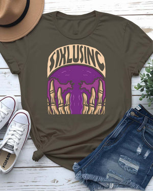 Siklusinc streetwear tee with cryptic industrial graphic on model in dark setting