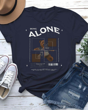 Being Alone Streetwear Tee with single figure sitting in stillness on model