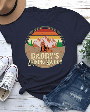 Daddys hiking buddy tee dad and child holding hands mountain trail