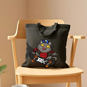 Skate Cat Graphic Cotton Canvas Tote Bag - Reusable Grocery Tote
