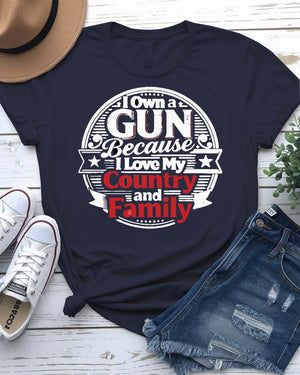 I own gun because I love my country and family tee American flag