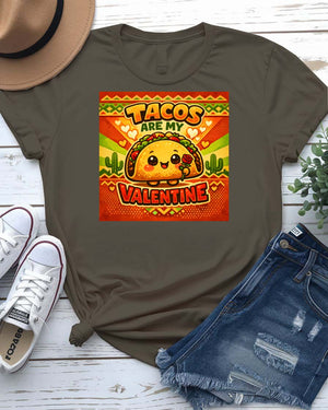 Tacos Are My Valentine t-shirt with cute smiling taco graphic