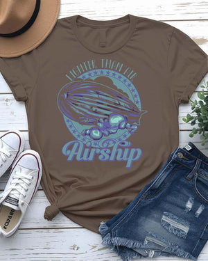 Air Ship Tee with vintage zeppelin drifting through clouds on model