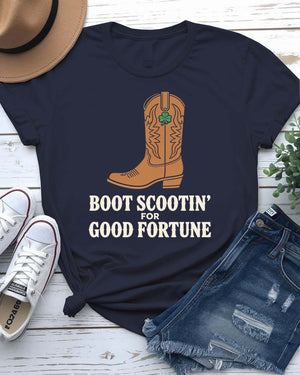 Boot Scootin' St. Patrick's Day Tee with dancing boots and shamrock trails on model