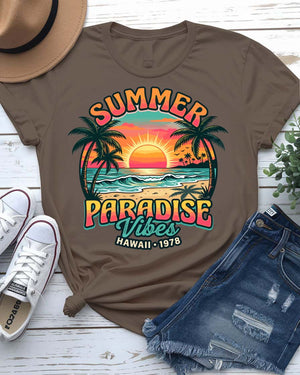 Summer paradise vibes tee turquoise sunset palm trees