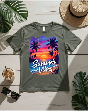 Sunset summer vibes tee orange pink sky with palm trees