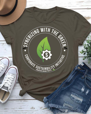 Synerizing With Green St. Patrick's Day Tee with pie chart to shamrock on model