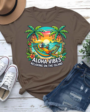 Aloha vibes relaxing on island tee hammock palm tree graphic