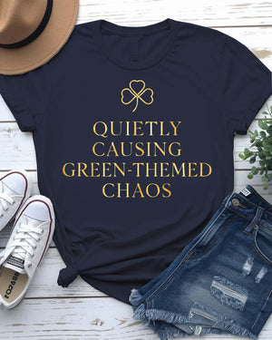 Quietly Causing Green Themed Chaos St. Patrick's Tee with tipping pint on model