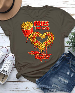 Fried For You T-Shirt with punny text and heart-shaped french fry graphic