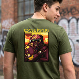 Cyberpug Streetwear Tee with neon-glowing cybernetic pug on model