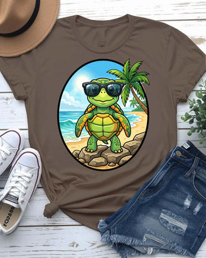 Beach bum turtle tee with sunglasses drinking coconut