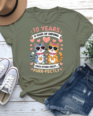 Ten Years Driving Each Other Funny Unisex Tee – Anniversary humor t-shirt for couples with sarcastic graphic text by Memez Store