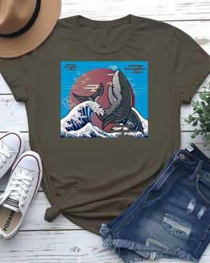 Whale Streetwear Tee with breaching humpback and geometric wave on model
