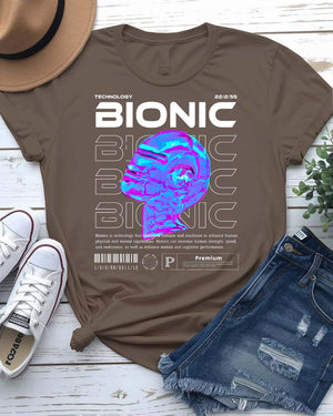 Bionic Streetwear Tee with cybernetic human silhouette on model