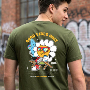Good Vibes Streetwear Tee with radiating sun design on model