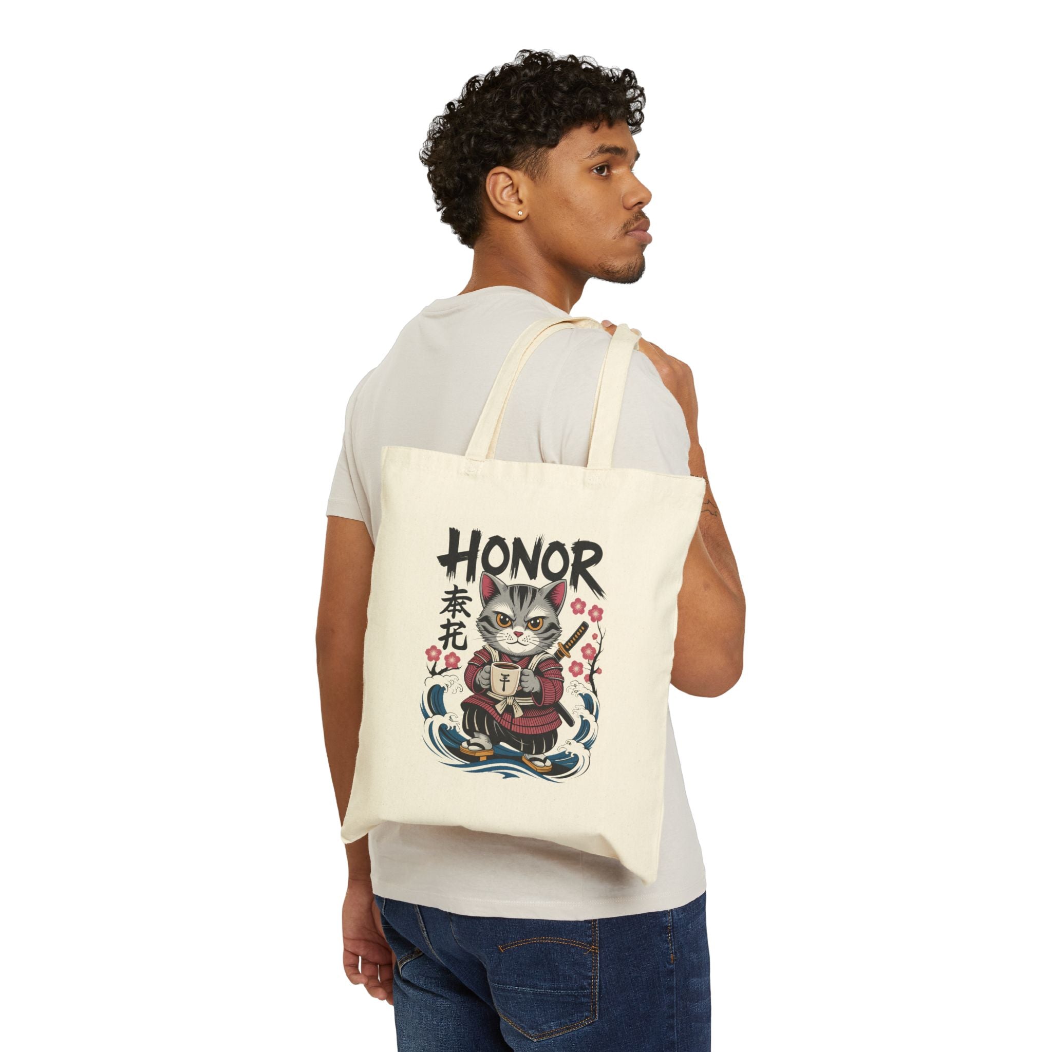 Fox Tote Bag - Japanese Dressed Fox with Honor Text Design