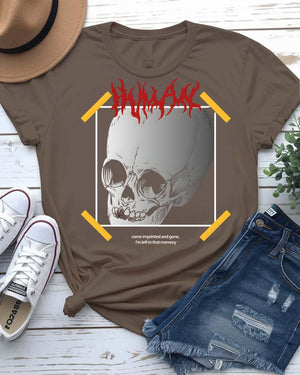 Skull Streetwear T-Shirt with geometric cracked skull and gold accents on model