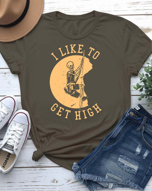 I Like to Get High Urban Style Tee with figure soaring above skyline on model