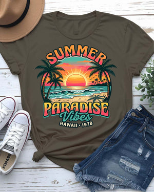 Summer paradise vibes tee turquoise sunset palm trees