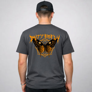 Butterfly Streetwear Tee with geometric monarch emergence on model