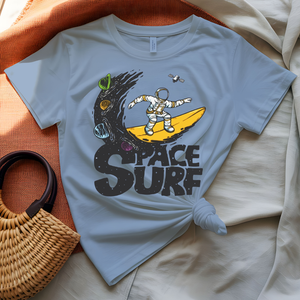 Space Surf Tee with astronaut surfing on a cosmic wave
