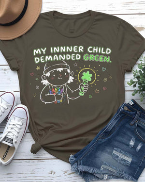 My Inner Child Demanded Green St. Patrick's Day Tee with jumping kid silhouette on model